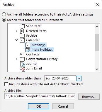 Choose the mailbox item you want to archive from your Outlook profile